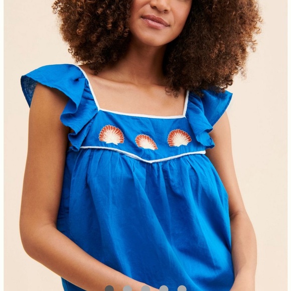 Anthropologie Vibrant Blue Ruffle Blouse with Embroidered Accents - Picture 1 of 4